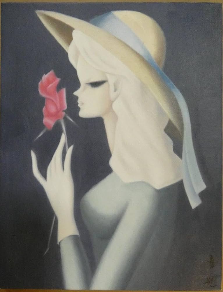 油絵 東郷青児 F6 【 花帽子 】手描き 額付き